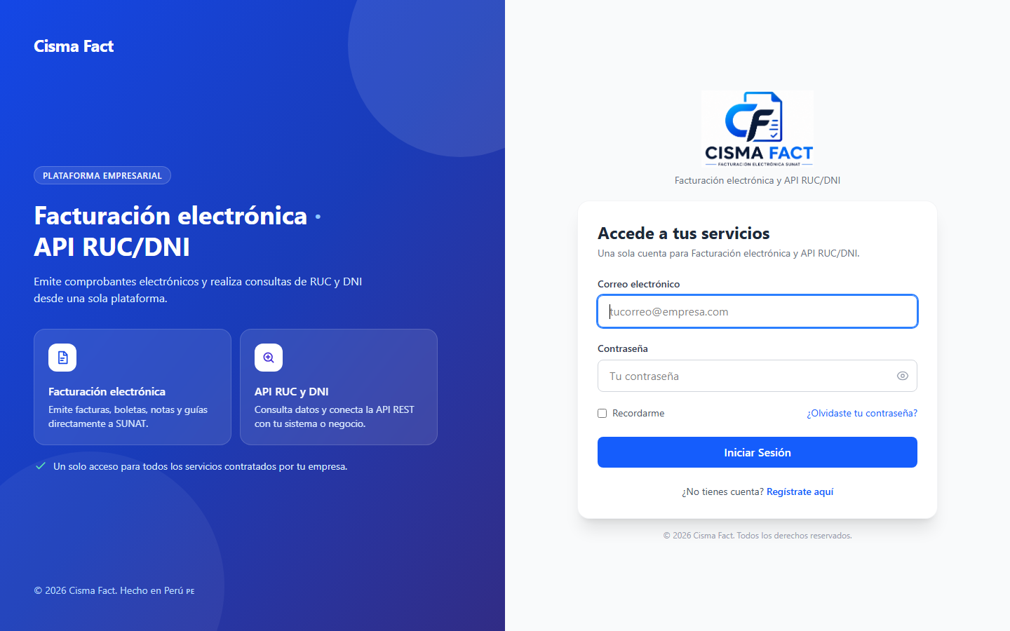 Plataforma oficial de Cisma Fact para facturación electrónica y API RUC/DNI