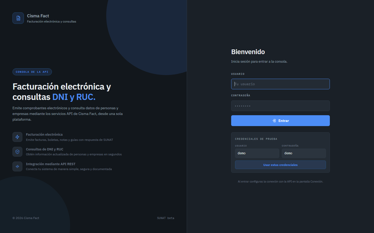 Consola demo de Cisma Fact para facturación electrónica y consultas DNI y RUC