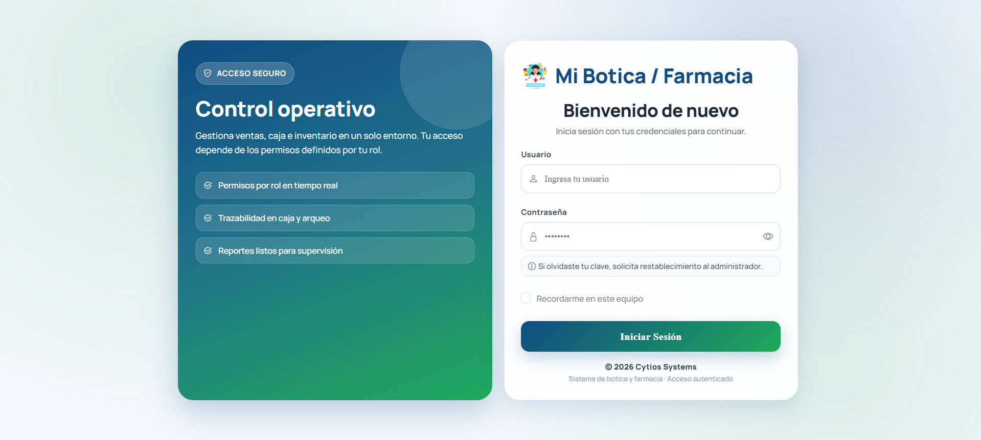 Panel del Sistema de Gestión para Farmacias - Cytios Systems